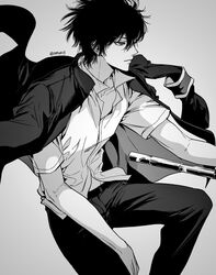  1boy armband belt closed_mouth collared_shirt cowboy_shot greyscale hibari_kyouya highres holding holding_weapon jacket jacket_on_shoulders katekyo_hitman_reborn m_m_pb male_focus monochrome pants profile school_uniform shirt short_hair short_sleeves simple_background sitting solo tonfa tsurime twitter_username weapon white_shirt 