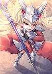  1girl \m/ armor blonde_hair centur-ion_primera dress duel_monster fingerless_gloves gloves highres holding holding_polearm holding_weapon long_hair metal_boots polearm red_dress red_eyes tattuuy twintails weapon yu-gi-oh! 