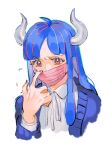  1girl ahoge alternate_costume blue_hair blue_nails blue_sweater covered_mouth curled_horns dinosaur_girl horns long_hair looking_at_viewer mask mask_pull mouth_mask multicolored_hair one_piece pink_eyes pink_hair pink_mask raine_(acke2445) shirt solo streaked_hair sweater ulti_(one_piece) white_background white_shirt 