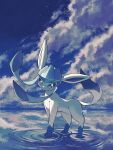 aqua_eyes clouds commentary_request full_body glaceon highres kuchiba_(jret2454) looking_at_viewer no_humans outdoors pokemon pokemon_(creature) ripples signature sky solo standing 