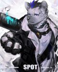  1boy arknights black_jacket character_name claws dated ear_piercing eyebrow_piercing furry furry_male gloves highres hyena_boy hyena_ears infection_monitor_(arknights) jacket looking_to_the_side male_focus mohawk multicolored_hair p7ywirzyw8lesuc partially_fingerless_gloves piercing spot_(arknights) streaked_hair throwing 