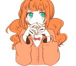  1girl blue_eyes bow bowtie cardigan geboku_(gbktst) idolmaster idolmaster_(classic) long_hair looking_to_the_side low_twintails lowres orange_cardigan orange_hair own_hands_together parted_lips red_bow red_bowtie simple_background sketch solo takatsuki_yayoi twintails upper_body white_background 