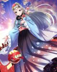  1girl black_hakama blue_eyes blue_kimono blush clouds commentary_request commission eir_(fire_emblem) eir_(new_year)_(fire_emblem) fire_emblem fire_emblem_heroes flower fur_collar fur_trim grey_hair hair_flower hair_ornament hakama hakama_skirt highres japanese_clothes kakiko210 kimono long_hair looking_at_viewer new_year obi official_alternate_costume outdoors pink_flower sash skeb_commission skirt sky smile solo very_long_hair wide_sleeves 
