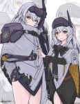  2girls aged_down armor cloak closed_mouth dog_tags dual_persona gloves goddess_of_victory:_nikke hair_between_eyes head-mounted_display headgear heart heart_hands heart_hands_duo heart_hands_failure highres long_hair long_sleeves looking_at_viewer mecha_musume mechanical_arms multiple_girls short_hair shoulder_armor single_mechanical_arm sivarkart smile snow_white:_innocent_days_(nikke) snow_white_(nikke) thumbs_up time_paradox visor_(armor) visor_lift white_cloak white_hair yellow_eyes 