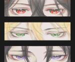  1girl 2boys absurdres black_hair blonde_hair border close-up eye_focus eyelashes eyeliner green_eyes hair_between_eyes half-closed_eyes highres jack_vessalius jitome lacie_baskerville looking_at_viewer makeup multiple_boys nanji379 oswald_baskerville pandora_hearts red_eyes split_screen straight-on violet_eyes 