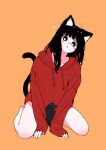  :o ahoge animal_ear_fluff animal_ears arm_support black_eyes black_hair blush_stickers bottomless bright_pupils cat_ears cat_girl cat_tail head_tilt highres hood hoodie megateru notice_lines open_mouth original oversized_clothes red_hoodie sitting sleeves_past_wrists solo tail thighs wariza white_pupils 