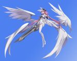  1girl absurdres asymmetrical_sleeves blue_background blue_eyes bow_(music) braid bridal_gauntlets feathered_wings full_body headgear high_heels highres holding holding_bow_(music) holding_weapon long_hair low_twintails low_wings mecha_musume multiple_wings original redhead science_fiction solo twintails very_long_hair weapon wings xin_(1844210356) 
