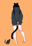  1girl ahoge animal_ears arms_behind_back bare_legs barefoot black_cat black_hair black_hoodie cat cat_ears cat_girl cat_tail commentary_request emphasis_lines from_behind full_body grey_hoodie heel_up highres hood hoodie legs long_hair megateru no_pants orange_background original oversized_clothes ribbon simple_background sleeves_past_wrists solo standing tail twintails white_ribbon 