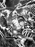  2boys absurdres arm_tattoo armlet black_gloves charlotte_katakuri checkered_background clenched_hands disembodied_limb gear_fourth:_snakeman gloves highres male_focus monkey_d._luffy monochrome multiple_boys muscular muscular_male one_piece ripped1taliano running scar scar_on_face sharp_teeth short_hair shoulder_tattoo speed_lines spiked_anklet spiked_armlet tattoo teeth topless_male twitter_username 