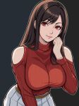  1girl bare_shoulders black_background black_hair blush breasts brown_hair cropped_legs final_fantasy final_fantasy_vii final_fantasy_vii_remake hand_on_own_cheek hand_on_own_face hand_up highres large_breasts lepypepy long_hair looking_at_viewer nose_blush off-shoulder_sweater off_shoulder red_eyes red_sweater ribbed_sweater simple_background skirt smile solo sweater taut_clothes taut_sweater tifa_lockhart turtleneck turtleneck_sweater upper_body 
