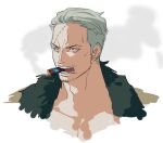  1boy cigar close-up fur_collar jacket looking_to_the_side male_focus one_piece raine_(acke2445) scar scar_on_face simple_background smoke smoker_(one_piece) solo undercut white_background white_hair 