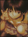  1girl closed_mouth hair_ornament hand_up highres iwakura_lain jitome monochrome ranm12s serial_experiments_lain short_hair single_sidelock smile solo v x_hair_ornament 