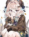  ahoge aloupeep_(enna_alouette) aqua_hair blonde_hair blush bow braid closed_mouth commentary enna_alouette enna_alouette_(3rd_costume) glasses hair_bow hair_ornament hairclip hand_on_own_cheek hand_on_own_face head_wings highres jieli looking_at_viewer mechanical_wings multicolored_hair nijisanji nijisanji_en short_twintails smile sparkle streaked_hair symbol-only_commentary twintails two-tone_hair violet_eyes wings 