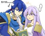 1boy 1girl blue_cape blue_eyes blue_hair book brother_and_sister cape circlet fire_emblem fire_emblem:_genealogy_of_the_holy_war headband holding holding_book julia_(fire_emblem) long_hair looking_at_another open_mouth ponytail purple_cape purple_hair seliph_(fire_emblem) siblings simple_background thinking violet_eyes white_headband yukia_(firstaid0) 