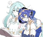 2girls ? arabian_clothes blue_hair book detached_sleeves fanged_bangs faruzan_(genshin_impact) frown genshin_impact gold_trim green_eyes hair_between_eyes layla_(genshin_impact) light_blue_hair negom pointy_ears puffy_sleeves short_sleeves shoulder_cutout tired twintails white_background yellow_eyes
