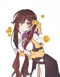  1girl 5rwpvc brown_hair chinese_clothes closed_mouth cowboy_shot flower highres honkai:_star_rail honkai_(series) leaning_forward long_hair long_sleeves looking_at_viewer looking_to_the_side simple_background solo sushang_(honkai:_star_rail) twintails white_background yellow_eyes yellow_flower 