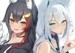 2girls absurdres akuto_(akuto_desu) animal_ear_fluff animal_ears aqua_eyes back-to-back bare_shoulders black_choker black_hair black_hoodie blush braid choker collarbone crossed_bangs double-parted_bangs fang fox_ears fox_shadow_puppet grin hair_between_eyes hair_flaps hair_ornament hairpin hand_up highres hololive hood hoodie looking_at_viewer multicolored_hair multiple_girls official_alternate_costume ookami_mio ookami_mio_(3rd_costume) open_mouth redhead round_teeth sailor_collar shirakami_fubuki shirakami_fubuki_(1st_costume) simple_background single_braid skin_fang smile split-color_clothes streaked_hair teeth upper_body virtual_youtuber white_background white_hoodie white_sailor_collar wolf_ears wolf_girl yellow_eyes 