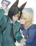 1boy 1girl alternate_costume animal_ear_fluff animal_ears aqua_hoodie backpack bag black_hair black_necktie blonde_hair blue_hoodie book fox_boy fox_ears genshin_impact green_eyes green_hair hair_between_eyes hair_ornament hetero highres holding holding_book hood hoodie long_hair long_sleeves lumine_(genshin_impact) multicolored_hair necktie short_hair smile streaked_hair teeth tighnari_(genshin_impact) tokirda yellow_eyes