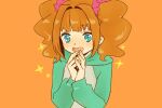  1girl blue_eyes blush commentary geboku_(gbktst) hair_ornament hair_scrunchie hood hoodie idolmaster idolmaster_(classic) looking_to_the_side medium_hair open_mouth orange_background orange_hair own_hands_together scrunchie simple_background sketch smile solo sparkle takatsuki_yayoi twintails 