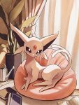  book commentary_request curtains cushion espeon forehead_jewel forked_tail highres indoors kuchiba_(jret2454) lying no_humans plant pokemon pokemon_(creature) potted_plant signature solo tail violet_eyes watering_can 