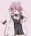  1_(z_tsubou) 1girl ;) absurdres animal_ear_fluff animal_ears black_dress breasts cat_ears cat_girl cat_tail double_v dress extra_ears highres hood hood_down hoodie indie_virtual_youtuber mikeneko_(utaite) one_eye_closed open_clothes open_hoodie pink_hair red_eyes short_dress short_hair short_sleeves smile tail two_side_up v virtual_youtuber white_hoodie 