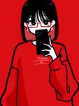  1girl black_eyes black_hair commentary daikei_625 earrings glasses hand_up highres holding holding_phone hoop_earrings jewelry long_sleeves looking_at_viewer multicolored_hair original phone red-framed_eyewear red_background redhead semi-rimless_eyewear shirt short_hair simple_background solo swept_bangs symbol-only_commentary taking_picture two-tone_hair under-rim_eyewear upper_body 