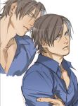  blonde_hair blue_shirt brown_hair closed_mouth earrings facial_hair highres jewelry large_pectorals leon_s._kennedy muscular non-web_source pectorals resident_evil shirt stubble tatsumi_(psmhbpiuczn) 