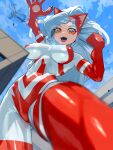 1girl aircraft animal_ears animal_hands blue_hair blue_sky bodysuit breasts cat_ears cat_paws covered_nipples felicia_(vampire) giant giantess helicopter impossible_bodysuit impossible_clothes looking_at_viewer looking_down nikunopengin parody skin_tight sky solo tokusatsu ultra_series vampire_(game) yellow_eyes