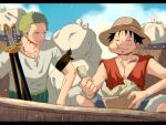  2boys bandana bandana_around_arm black_eyes black_hair closed_eyes closed_mouth clouds cloudy_sky commentary_request food green_hair hat highres holding holding_food katana letterboxed male_focus monkey_d._luffy multiple_boys one_piece outdoors red_shirt roronoa_zoro scar scar_on_cheek scar_on_face shirt short_hair short_sleeves sky sleeveless smile straw_hat suzu_(suzuran_piece) sword weapon white_shirt 