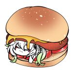  1girl absurdres black_eyes burger commentary_request food genshin_impact green_hair highres korean_commentary mini_person minigirl multicolored_hair nahida_(genshin_impact) short_hair side_ponytail simple_background sleeping solo uncolorcube white_background white_hair 