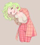  1girl alternate_costume arms_behind_back belt breasts coat green_hair head_tilt kazami_yuuka open_mouth pants plaid plaid_coat plaid_pants plunging_neckline red_coat red_eyes red_pants s-a-murai shirt short_hair smile solo touhou 