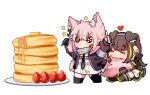  2girls animal_ear_fluff animal_ears arms_up biting black_gloves black_jacket black_necktie black_thighhighs blush brown_hair butter chibi closed_eyes dog_ears dog_girl dog_tail dress dual_wielding extra_ears fang fang_out fingerless_gloves floppy_ears food fruit girls_frontline gloves hair_ornament heart highres holding holding_knife jacket kemonomimi_mode knife long_hair long_sleeves m4a1_(girls&#039;_frontline) multicolored_hair multiple_girls necktie no_mouth open_clothes open_jacket pancake pancake_stack pink_hair simple_background single_fingerless_glove sitting st_ar-15_(girls&#039;_frontline) standing star_(symbol) strawberry streaked_hair syrup tail tail_biting thigh-highs v-shaped_eyebrows white_background white_dress wolf_ears wolf_girl wolf_tail yuutama2804 