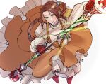  1girl aerith_gainsborough belt_buckle boots brown_hair buckle choker commentary corset cosplay curly_hair dress final_fantasy final_fantasy_ix final_fantasy_vii final_fantasy_vii_ever_crisis frilled_dress frills from_above garnet_til_alexandros_xvii garnet_til_alexandros_xvii_(cosplay) gloves green_eyes high_ponytail holding holding_staff holding_weapon in-franchise_crossover jewelry juliet_sleeves jumping long_hair long_sleeves mage_staff magic necklace orange_corset orange_dress ponytail puffy_long_sleeves puffy_sleeves red_footwear red_gloves ryouto sidelocks smile solo staff wavy_hair weapon 