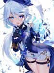  1girl 40_(0f0urw) :d absurdres ahoge air_bubble ascot black_gloves blue_ascot blue_brooch blue_hair blue_jacket bubble cowboy_shot furina_(genshin_impact) genshin_impact gloves hair_between_eyes hat heterochromia highres jacket light_blue_hair long_hair looking_at_viewer multicolored_hair shorts sidelocks simple_background smile solo standing streaked_hair top_hat two-tone_hair water white_background white_gloves white_shorts 