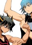  absurdres adjusting_clothes biceps black_hair black_shirt black_tank_top blue_eyes blue_hair bruno_(yu-gi-oh!) comparison expressionless facial_mark facial_tattoo flexing fudou_yuusei grey_eyes hand_on_own_arm highres looking_down looking_to_the_side marking_on_cheek multicolored_hair muscular muscular_male parted_lips shirt short_hair simple_background size_comparison spiky_hair standing streaked_hair t-shirt tank_top tattoo white_background youko-shima yu-gi-oh! yu-gi-oh!_5d&#039;s 