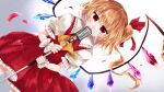  1girl absurdres blonde_hair breasts collared_shirt covering_mouth cowboy_shot crystal dutch_angle flandre_scarlet frilled_shirt_collar frilled_skirt frilled_sleeves frills highres holding holding_microphone_stand kuromame1025 looking_at_viewer medium_hair microphone microphone_stand multicolored_wings no_headwear one_side_up puffy_short_sleeves puffy_sleeves red_eyes red_ribbon red_skirt red_vest ribbon shirt short_sleeves simple_background skirt skirt_set sleeve_ribbon small_breasts solo touhou vest white_background white_shirt wings wrist_cuffs 