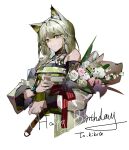  1girl absurdres animal_ear_fluff animal_ears arknights bare_shoulders bouquet breasts cat_ears cat_girl dress flower green_dress green_eyes green_hair happy_birthday highres holding holding_bouquet kal&#039;tsit_(arknights) long_sleeves looking_at_viewer medium_hair off-shoulder_dress off_shoulder official_alternate_costume oripathy_lesion_(arknights) pink_flower rkt43v6e1aatxka simple_background small_breasts smile solo stethoscope sticker watch watch white_background white_flower 