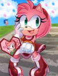  1boy 1girl absurdres amy_rose amy_rose_(classic) balloon blue_sky blurry boots clouds depth_of_field dress furry furry_female furry_male gloves hairband hand_on_own_chest heart hedgehog_ears high_heel_boots high_heels highres mimiipyon open_mouth red_dress red_hairband sky smile sonic_(series) sonic_the_hedgehog sonic_the_hedgehog_(classic) white_gloves 