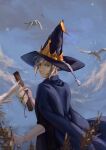  1boy absurdres bird blue_eyes clouds day envelope grey_hair hat highres holding holding_envelope lan_die_(blue_butterfly) looking_at_viewer looking_back male_focus outdoors quanzhi_gaoshou robe scroll sidelocks solo standing vaccaria wizard_hat 