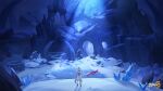  1girl blue_hair cave cave_interior chinese_commentary dress griseo griseo_(cosmic_expression) halo highres honkai_(series) honkai_impact_3rd indoors light_blue_hair logo long_hair official_art official_wallpaper snow standing very_long_hair white_dress 