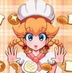  1girl absurdres baguette blue_eyes braided_hair_rings bread breasts chef_hat commentary croissant earrings food hat highres jewelry medium_breasts mimiipyon open_mouth orange_hair pastry_chef_peach plaid plaid_background princess_peach princess_peach:_showtime! puffy_short_sleeves puffy_sleeves short_sleeves smile solo super_mario_bros. twitter_username underwear 