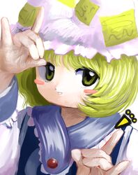  1girl blonde_hair blue_tabard blush_stickers fox_shadow_puppet hand_up hat highres long_sleeves looking_at_viewer medium_hair ofuda ofuda_on_clothes smile solo tabard touhou upper_body white_headwear yakumo_ran yakumora_n yellow_eyes 