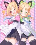  2girls ;d animal_ear_headphones animal_ears black_shorts black_skirt black_thighhighs blonde_hair blue_archive blue_bow blue_necktie bow cat_ear_headphones commentary_request fake_animal_ears green_eyes green_halo hair_bow halo headphones highres itaba_atsushi jacket long_sleeves looking_at_viewer midori_(blue_archive) momoi_(blue_archive) multiple_girls necktie one_eye_closed pink_halo red_bow red_eyes short_hair shorts siblings sisters skirt smile thigh-highs twins white_jacket zettai_ryouiki 