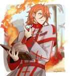  1boy book closed_mouth earrings fire fire_emblem fire_emblem_engage hair_between_eyes highres holding holding_book jewelry long_sleeves looking_to_the_side male_focus merylemons orange_eyes orange_hair pandreo_(fire_emblem) robe short_hair solo yellow_eyes 