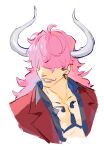  1boy blue_shirt chest_tattoo earrings hair_over_eyes horns jacket jewelry long_hair male_focus one_piece pink_hair raine_(acke2445) red_jacket shirt simple_background smile solo tattoo upper_body white_background white_horns who&#039;s_who_(one_piece) 