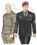  2boys black_jacket black_suit blonde_hair blue_eyes camouflage clenched_hands fatigues green_shirt hair_slicked_back jack_krauser jacket multiple_boys red_beret resident_evil shirt suit tatsumi_(psmhbpiuczn) 