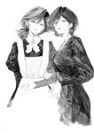  2girls apron cowboy_shot dress holding_another&#039;s_arm looking_at_viewer maid maid_apron moaomao_mo monochrome multiple_girls original parted_lips short_hair simple_background sketch smile standing unfinished white_background 
