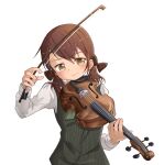  1girl absurdres blush bow brown_bow brown_hair hair_bow highres holding_bow_(music) instrument jetracer juni_argiano long_sleeves medium_hair music playing_instrument quartett! school_uniform shirt short_twintails simple_background smile solo twintails vest viola_(instrument) white_background white_shirt yellow_eyes 