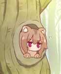  1girl animal_ear_fluff animal_ears animalization bare_tree blush brown_hair commentary_request forest hair_between_eyes highres in_tree kemomimi-chan_(naga_u) looking_at_viewer medium_hair naga_u nature no_mouth no_nose original red_eyes solo squirrel_ears squirrel_girl tree v-shaped_eyebrows violet_eyes 