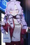  1girl absurdres bag blush bow cellphone drill_hair hair_bow hatyuuruinohito high_ponytail highres holding holding_phone hyakumantenbara_salome hyakumantenbara_salome_(2nd_costume) jacket long_hair nijisanji open_clothes open_jacket phone purple_bow purple_hair red_jacket solo violet_eyes virtual_youtuber wide-eyed 